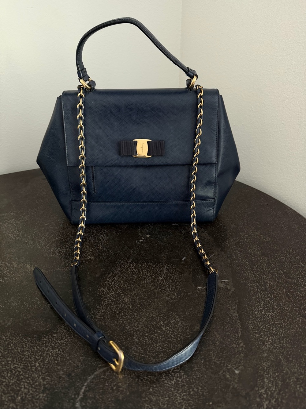 Salvatore Ferragamo Navy Saffiano Leather Vara Shoulder Bag with Gold Hardware - Picture 2 of 16